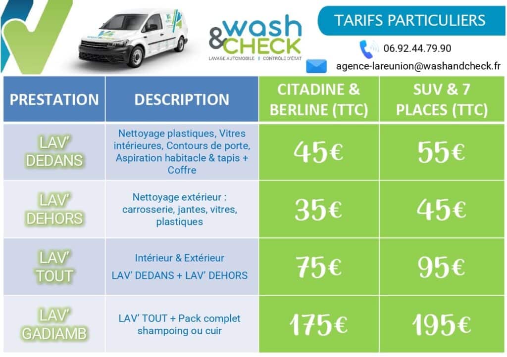 Grille tarifaire lavage auto Wash&Check La Réunion