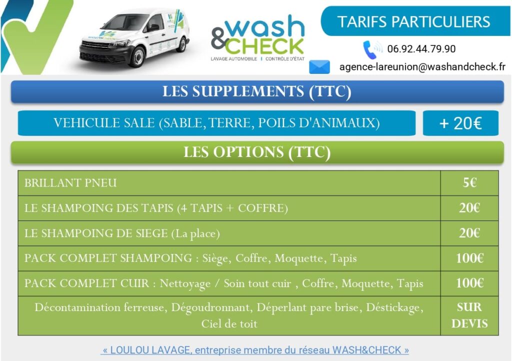 Grille tarifaire lavage auto Wash&Check La Réunion