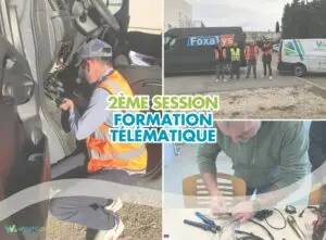 Photo titrée avec des techniciens Wash&Check qui pose des boîtiers télématiques en arrière plan