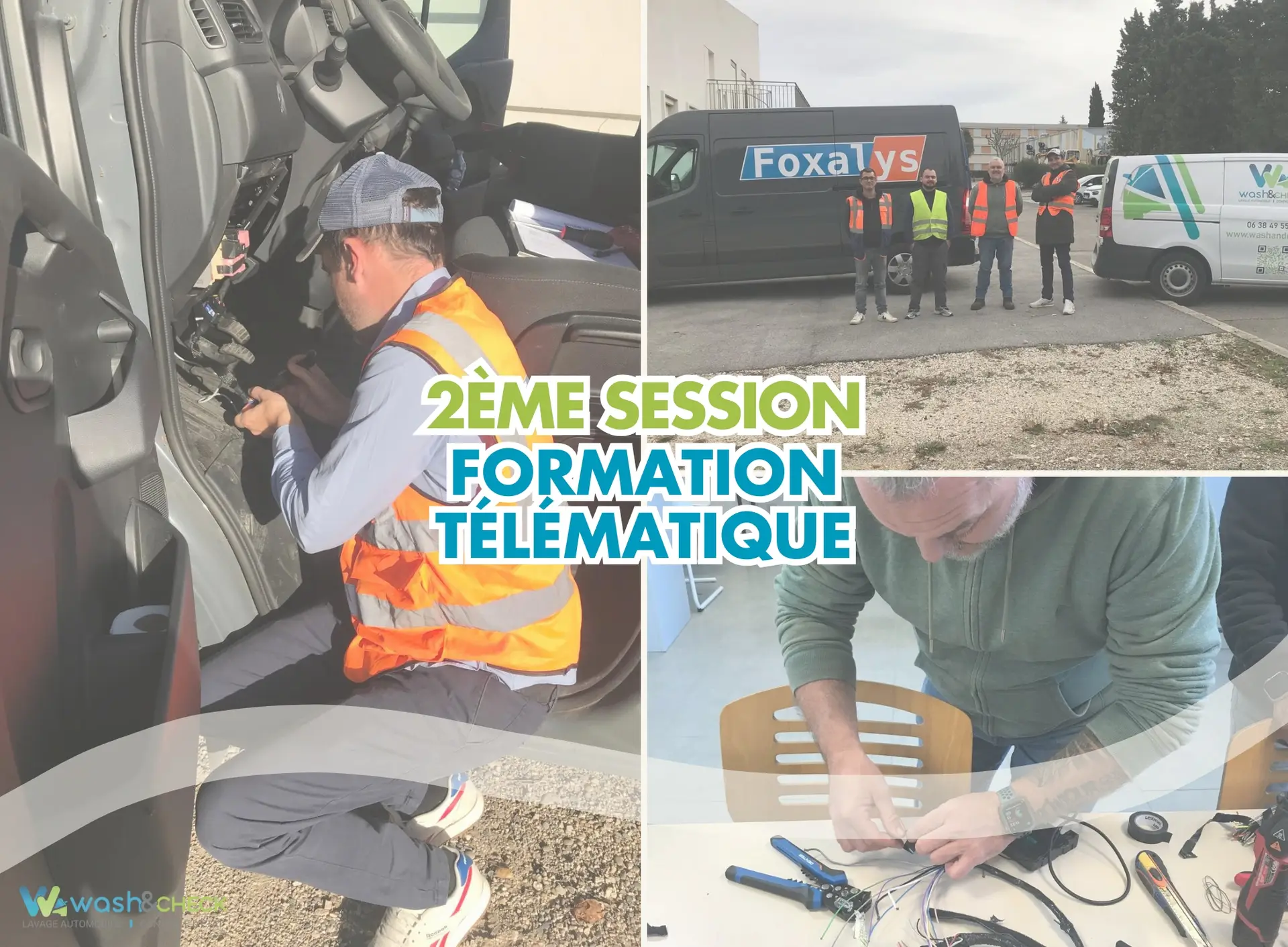 Photo titrée avec des techniciens Wash&Check qui pose des boîtiers télématiques en arrière plan