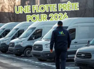 Technicien Wash&Check qui marche vers une flotte de véhicules professionnels.