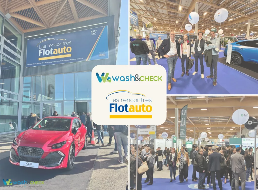 Photo de collaborateurs Wash&Check présents au salon Flotauto 2026 à Paris.