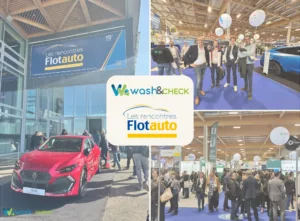 Photo de collaborateurs Wash&Check présents au salon Flotauto 2026 à Paris.
