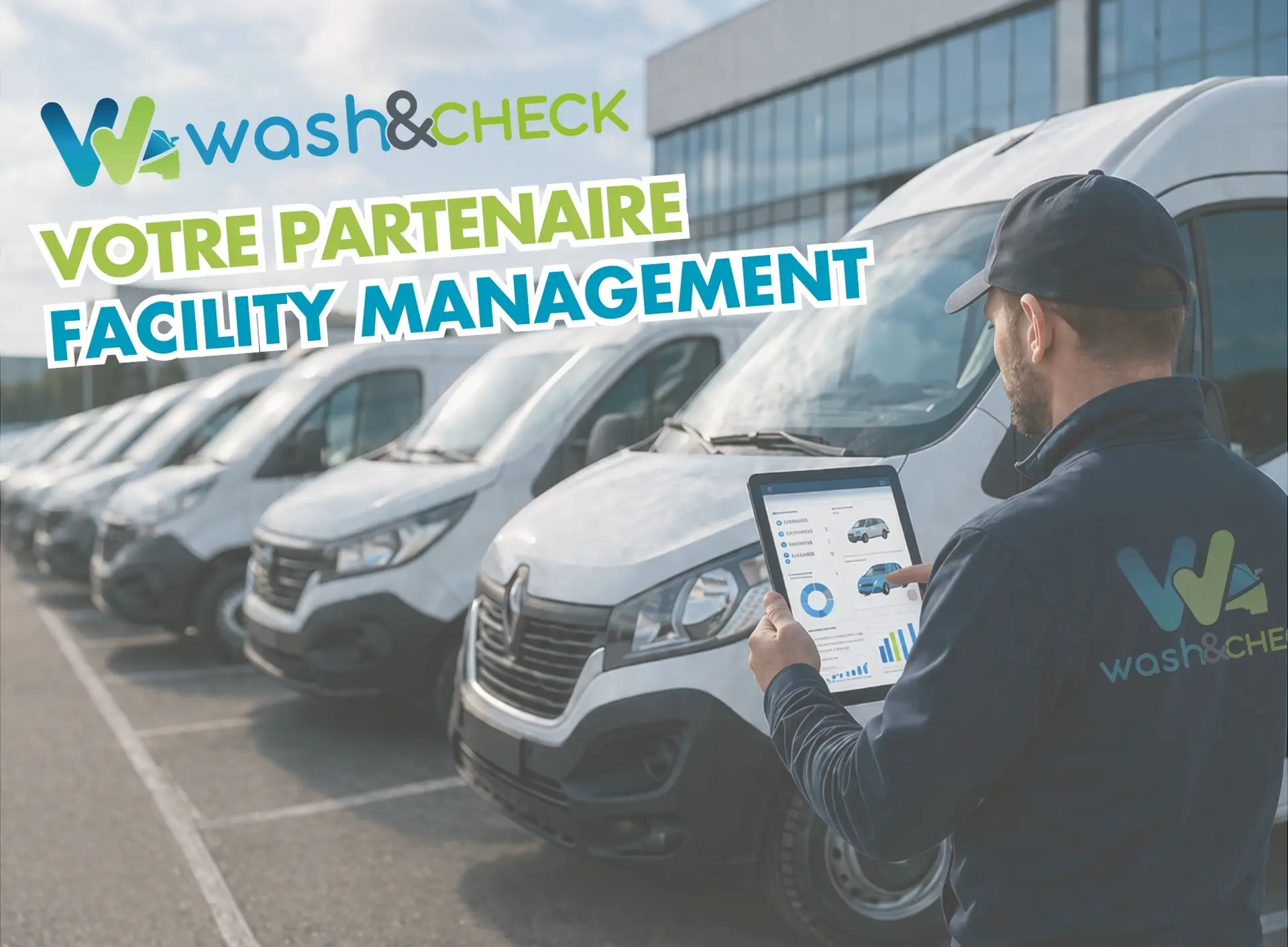 Technicien Wash&Check devant un parc de véhicules