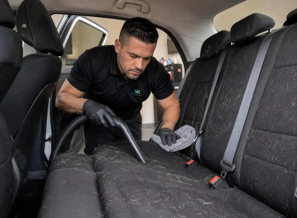 Technicien Wash&Check nettoyage voiture très sale poils animaux sièges