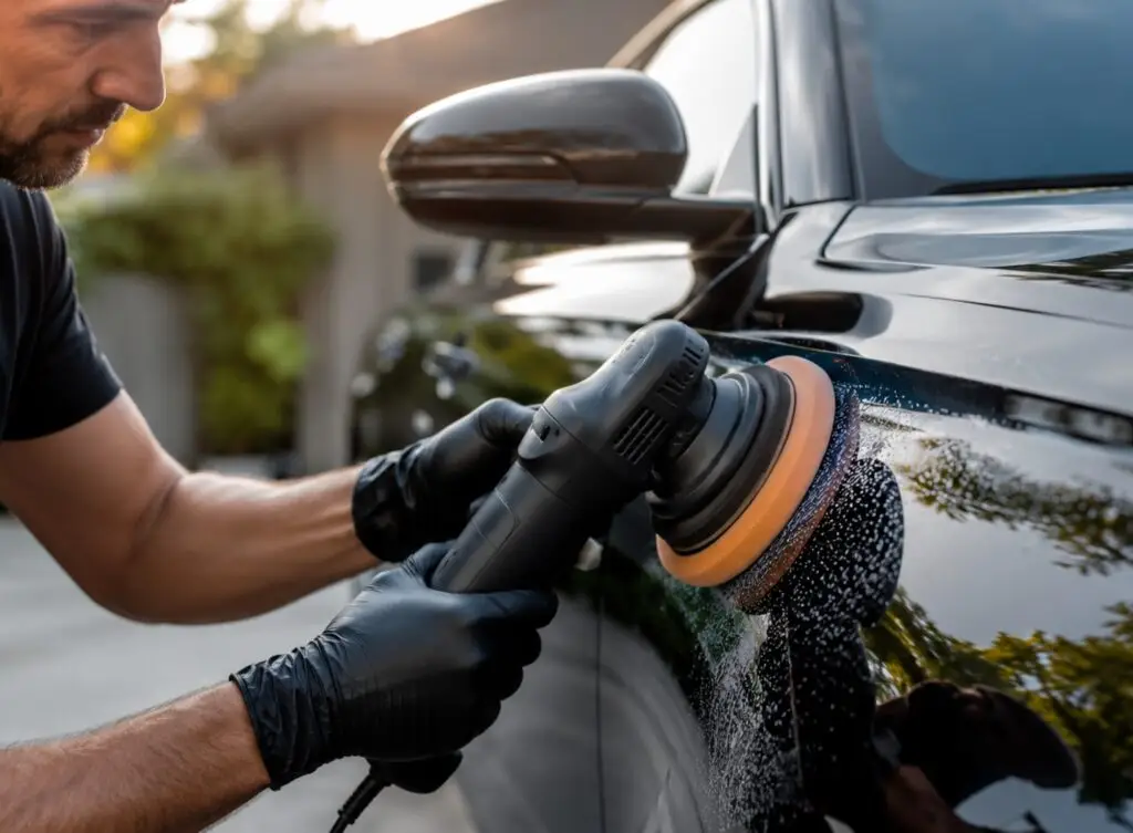 Technicien Wash&Check réalisant un détailing voiture à domicile sur une carrosserie haut de gamme