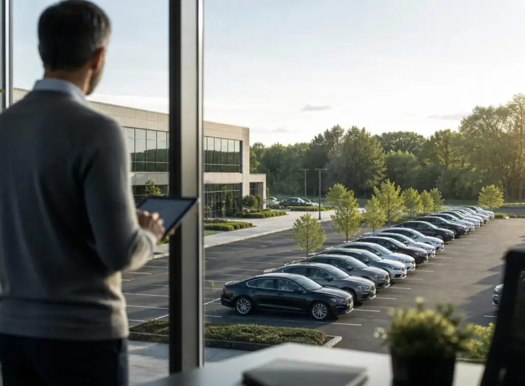 Responsable de flotte choisissant son entreprise de nettoyage de voiture face à un parking de véhicules professionnels