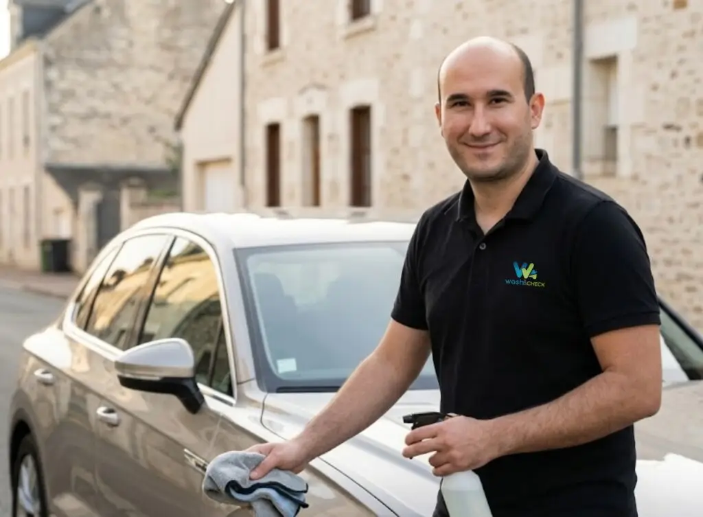 Julien Simao, franchisé Wash&Check à Poitiers, effectuant un lavage auto à domicile écologique sans eau