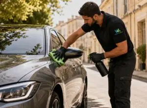 Technicien Wash&Check effectuant un lavage auto à Poitiers à domicile, intervention écologique sans eau