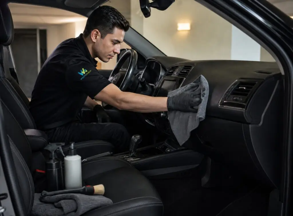 Technicien Wash&Check nettoyage intérieur voiture à domicile tableau de bord sièges