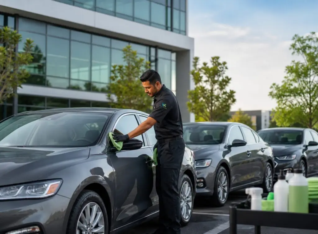 Technicien Wash&Check effectuant le nettoyage d'une voiture d'entreprise sur le parking d'une flotte professionnelle