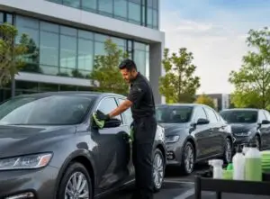 Technicien Wash&Check effectuant le nettoyage d'une voiture d'entreprise sur le parking d'une flotte professionnelle